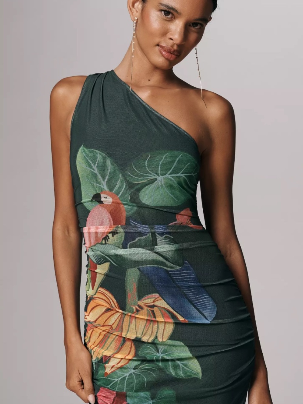 Farm Rio x Anthropologie One-Shoulder Midi Dress Tropical Print Mesh Sundress - Picture 3 of 3